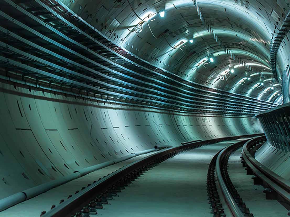 Underground tunnel with blue lights angle shot